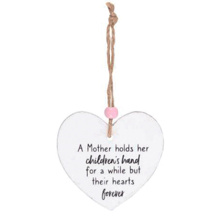 Hanging wooden heart - A mother holds her children's hand for a while but their hearts forever