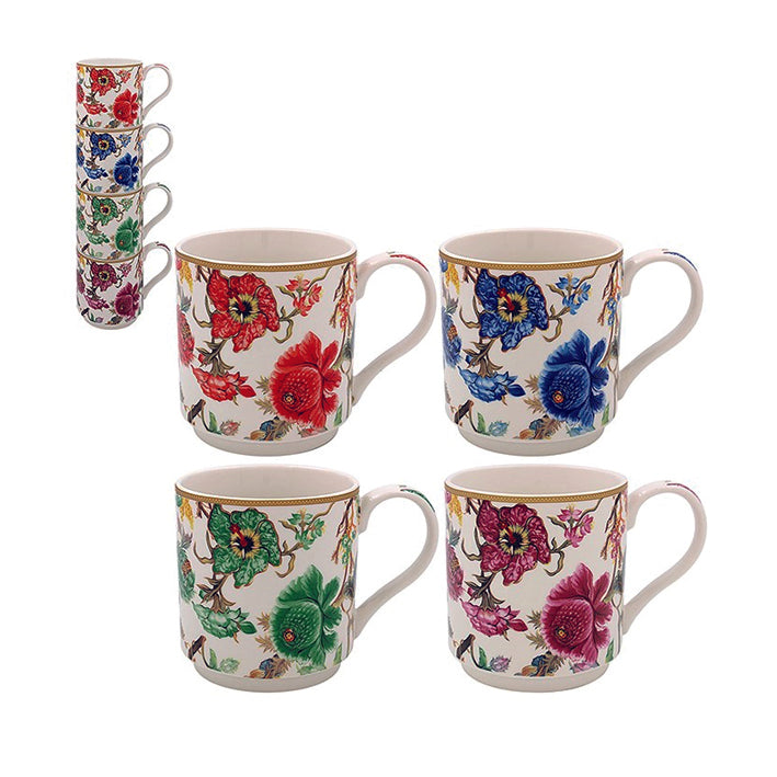 Boxed stacking mugs. Set of 4 different coloured Willilam Morris Anthina Prints