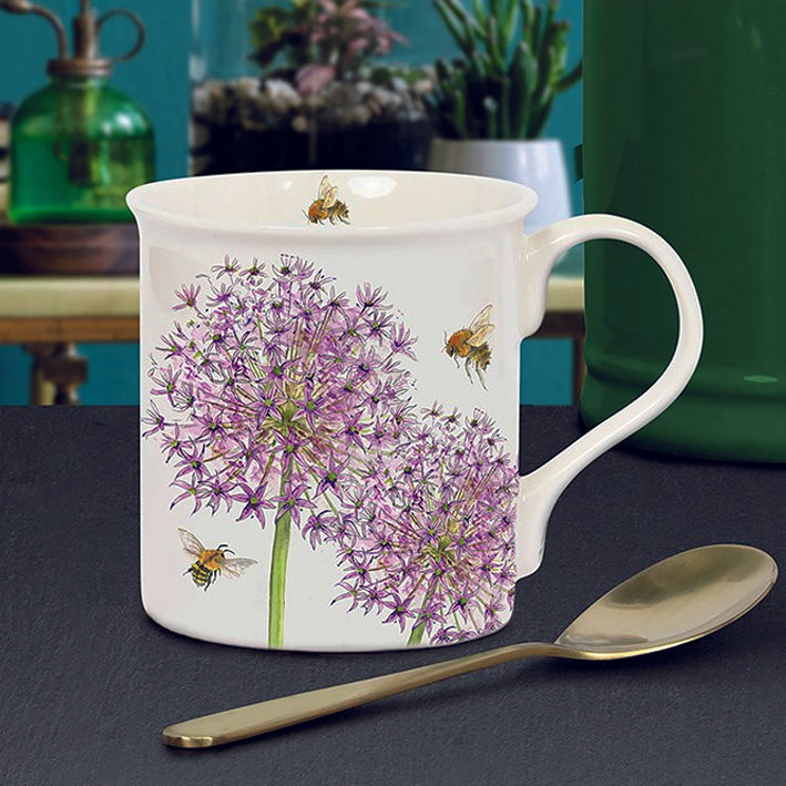 Boxed China Mug. Bee-tanical Range with Pink Allium and Bees Design
