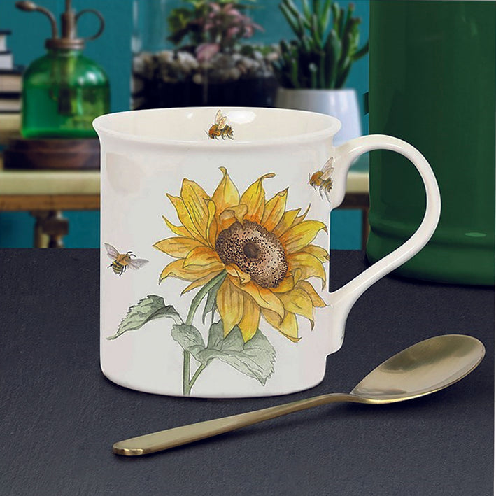 Boxed China Mug. Bee-tanical Range with Sunflowers and Bees Design