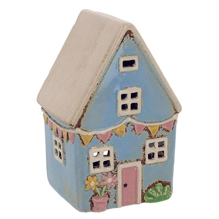 Village Pottery Garden Flags House Blue Tealight Holder