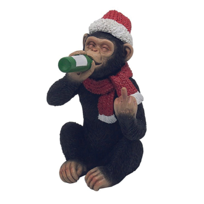 Cheeky Monkey Chimp With Christmas Hat Sitting Drinking From A Bottle. Small