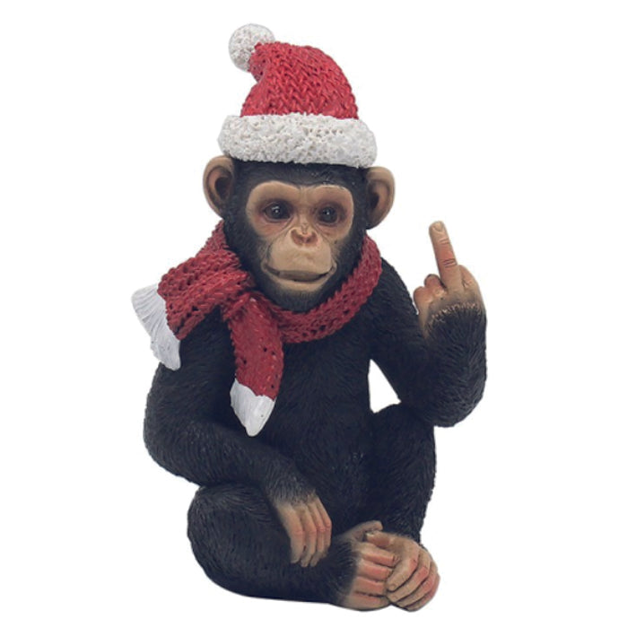 Cheeky Monkey Chimp With Christmas Hat Sitting Giving the Finger. Small