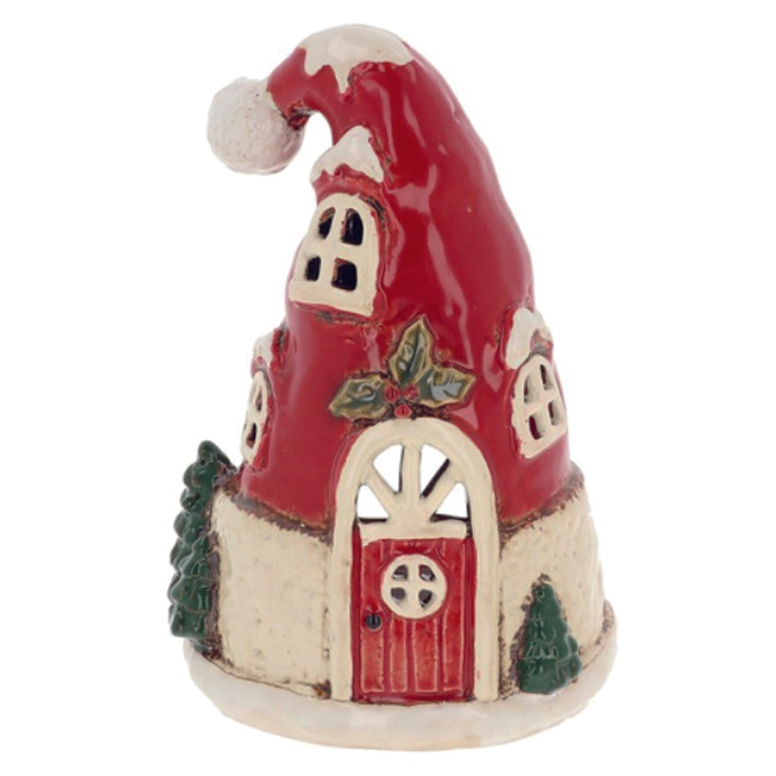Village Pottery Christmas Santa Hat House Tealight Holder