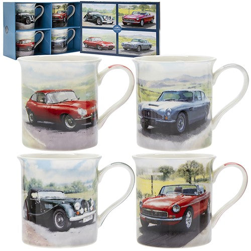 Boxed Mugs. Set of 4 Different Classic Cars Images