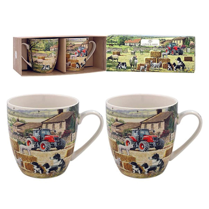 Boxed Set of 2 Mugs with Farmyard Collie and Lambs Print