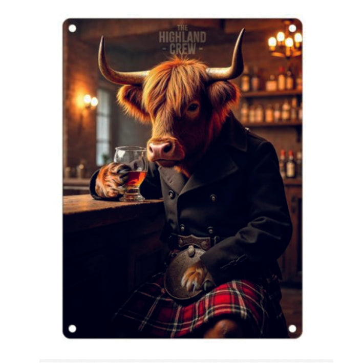 Large metal sign - Highland Cow in Kilt with Whisky
