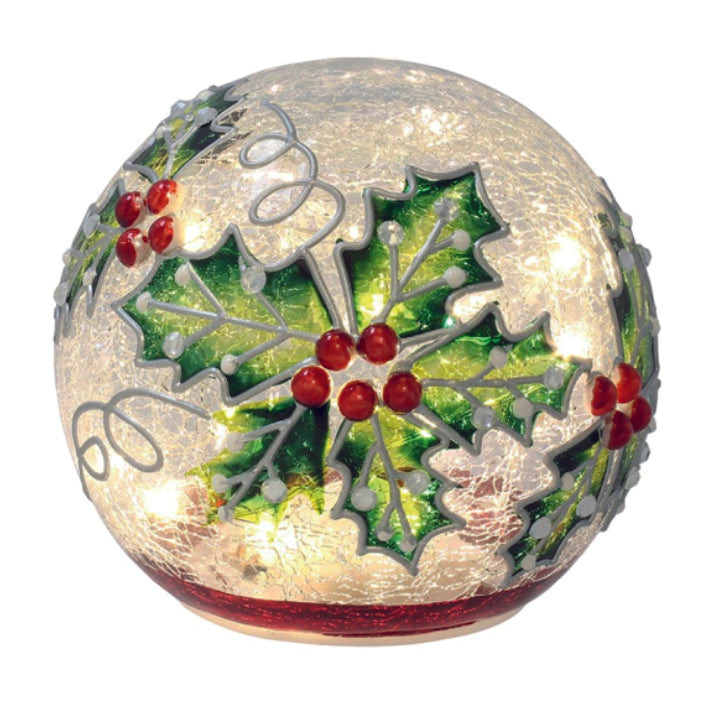 Christmas crackle glazed round glass LED lit ball decorated with holly. Small