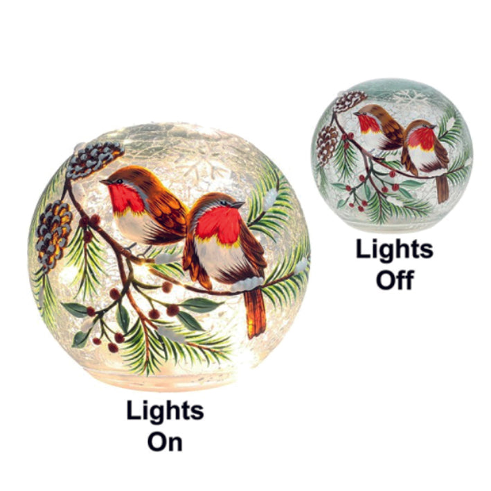 Christmas crackle glazed round glass LED lit ball decorated with robins. Small