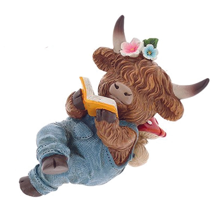 Highland Cow Girl in Dungarees Reading a Book Ornament
