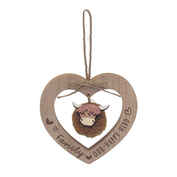 Wooden Hanging Heart - Family, Our Happy Herd. Fluffy Dangling Cow