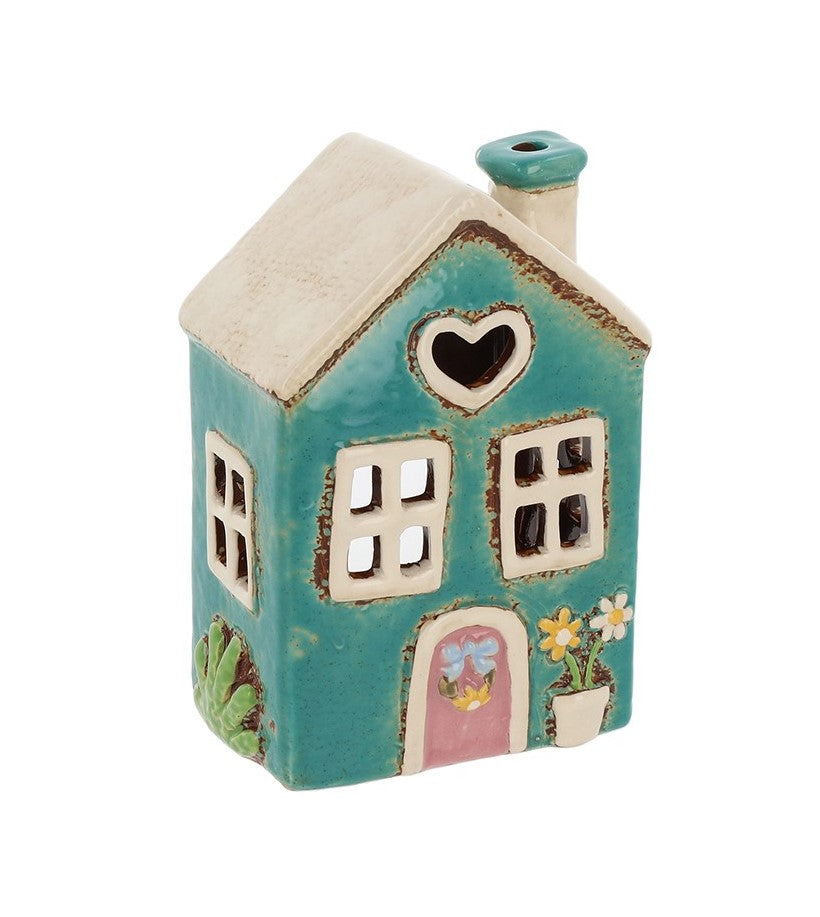 Village Pottery Garden Aqua Heart Single House Tealight holder