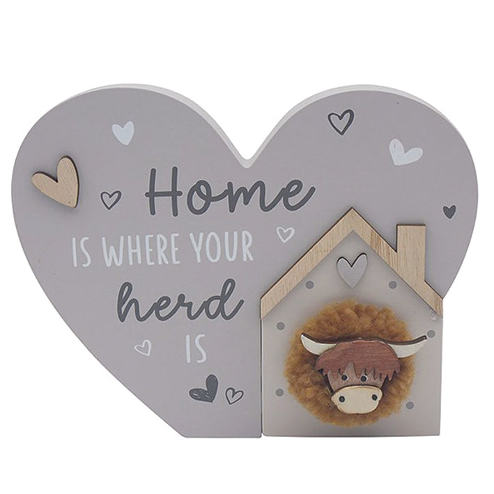 Wooden Standing Heart Plaque with Highland Cow. Home Is Where Your Herd Is
