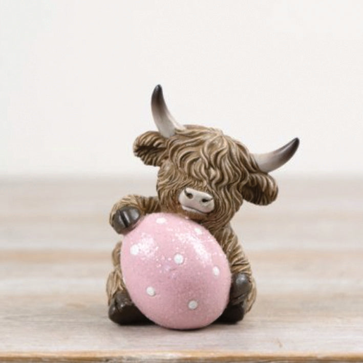 Highland Coo With Pink Easter Egg