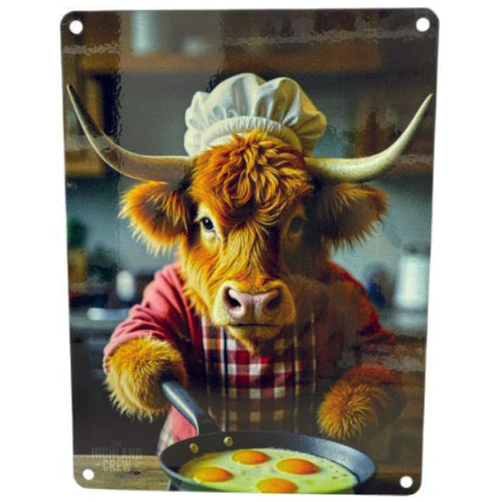 Large metal sign - Highland Cow Cooking Eggs