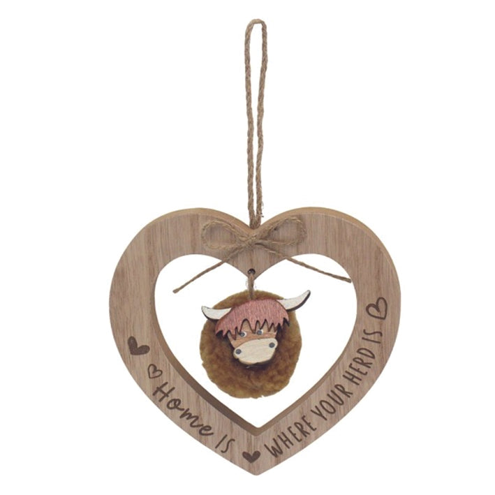 Wooden Hanging Heart - Homen. Fluffy Dangling Cow
