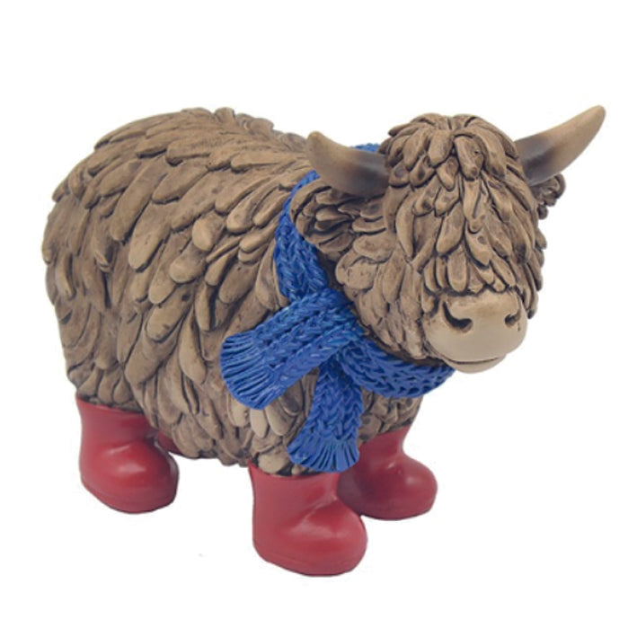 Hughie the Highland Cow, Standing in Red Wellies and Blue Scarf