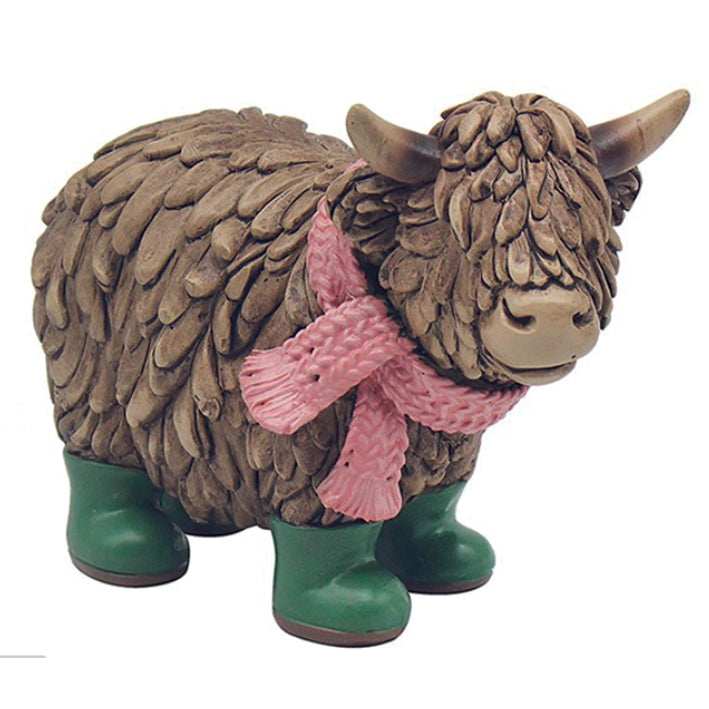 Hughie the Highland Cow, Standing in Green Wellies and Pink Scarf