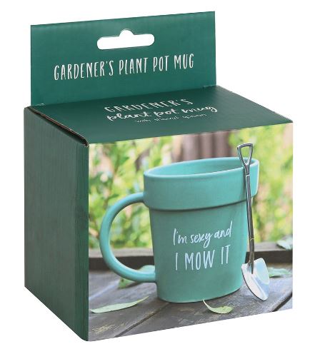 Boxed Mug I'm Sexy and I Mow It with shovel shaped spoon