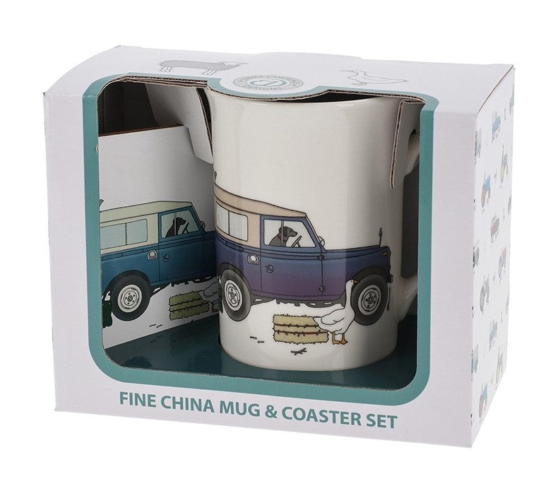 Blue Landrover mug and coaster set