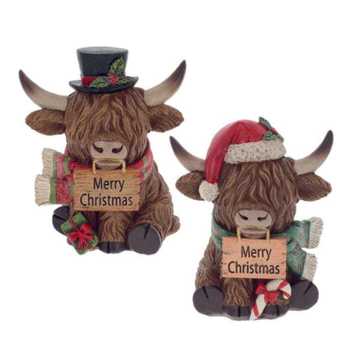 Highland Coos with hats and Merry Christmas sign