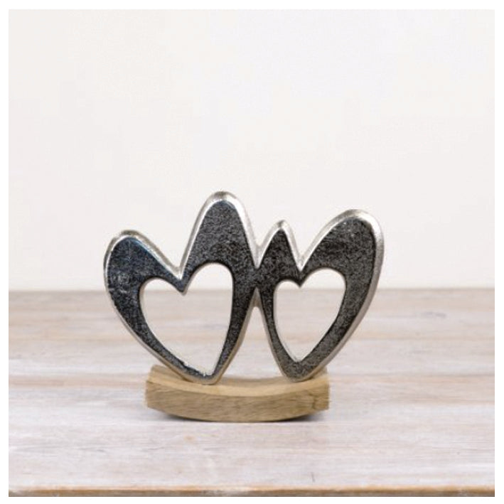 Deco Style Double Silver Hearts Mounted on Wood Ornament