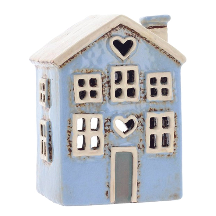 Village Pottery Pale Blue Heart House Tealight Holder