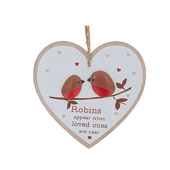 Wooden Hanging Heart - Robins Appear When Loved Ones Are Near