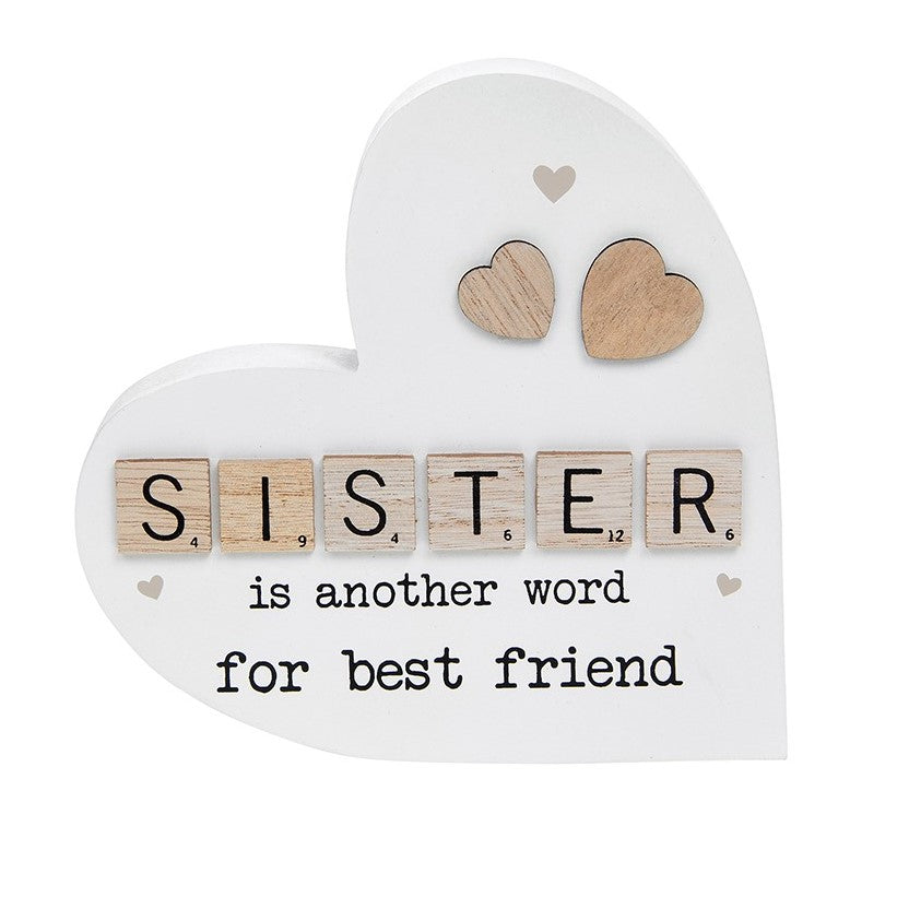 Scrabble Sentiments Wooden Standing Heart. SISTER is another word for best friend