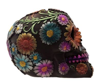 Metallic Day of the Dead Daisy and Flower Decorated Skull Ornament