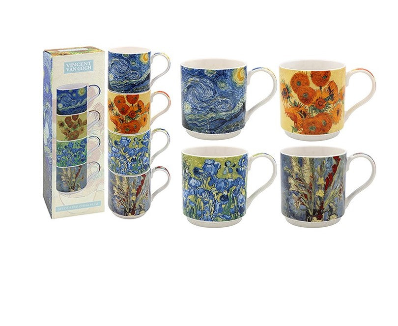 Boxed stacking mugs. Set of 4 different Vincent Van Gogh prints
