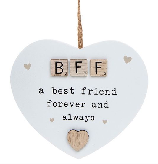 Scrabble Sentiments hanging heart. BFF - a best friend forever and always