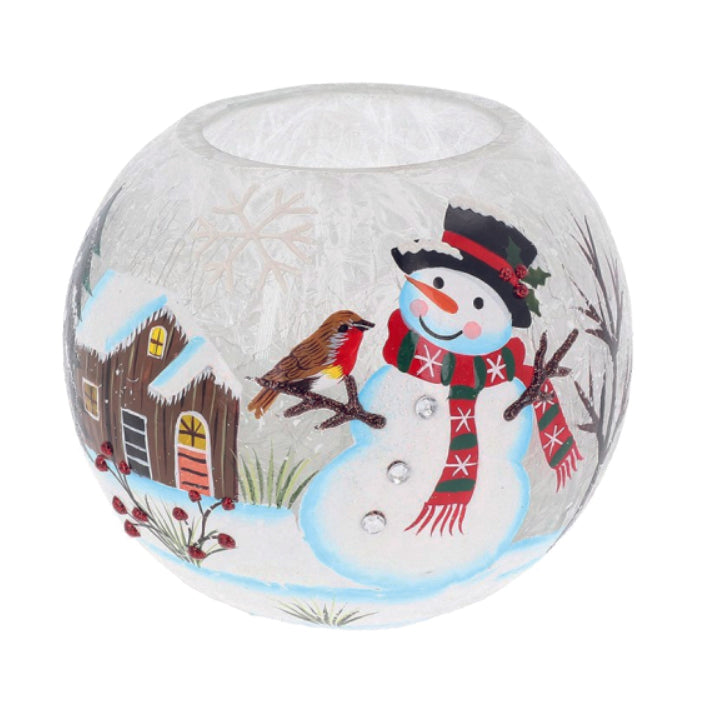 Christmas crackle glazed round glass candle holder decorated with a snowman. Large