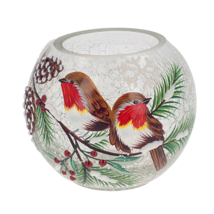 Christmas crackle glazed round glass candle holder decorated with robins. Large