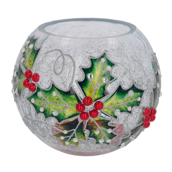 Christmas crackle glazed round glass candle holder decorated with holly. Large