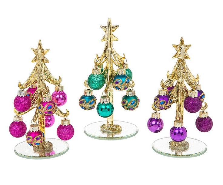Glass Christmas tree and baubles - gold tree with pink, green or purple baubles small