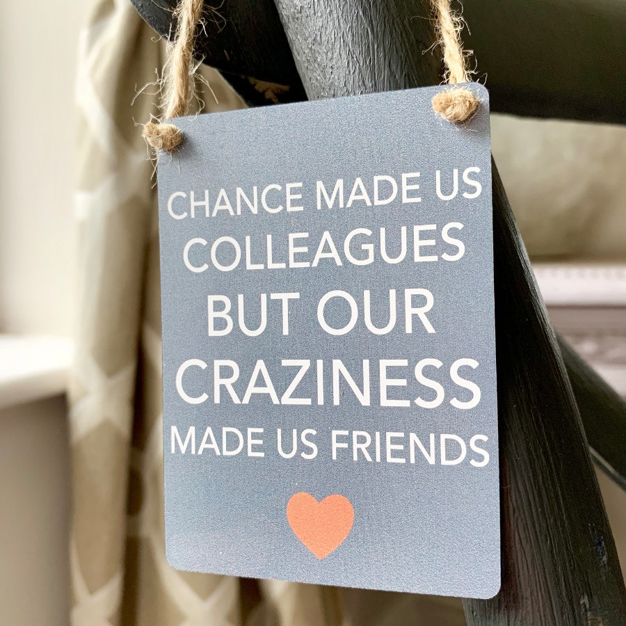Mini metal sign. Chance made us colleagues but our craziness made us friends