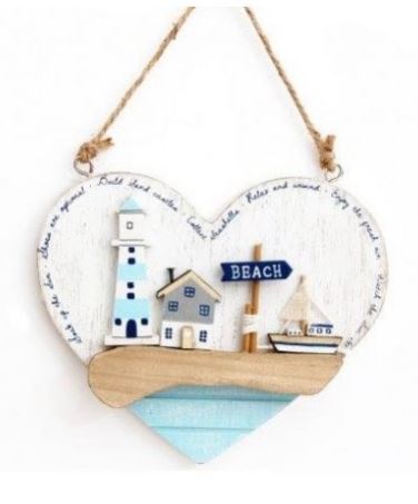 Wooden hanging heart plaque 3D beach scene