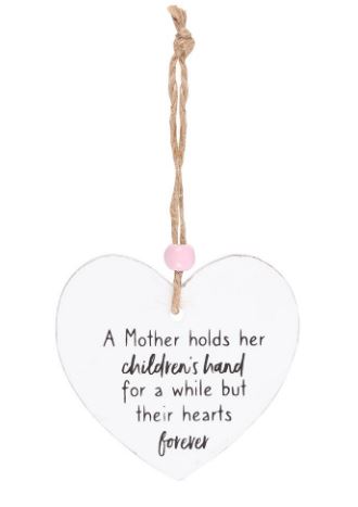 Hanging wooden heart - A mother holds her children's hand for a while but their hearts forever