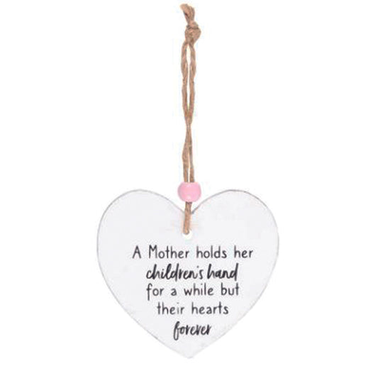 Hanging wooden heart - A mother holds her children's hand for a while but their hearts forever