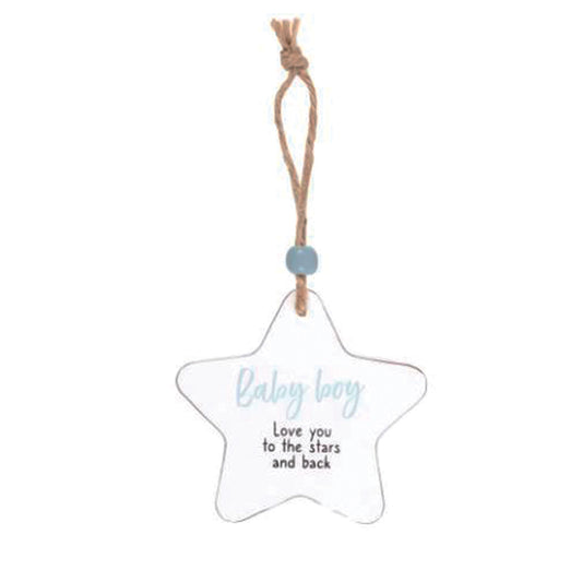 Hanging wooden star - Baby Boy.  Love you to the stars and back