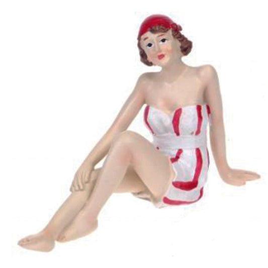 Beach Glamour Girl sitting in white and red striped costume