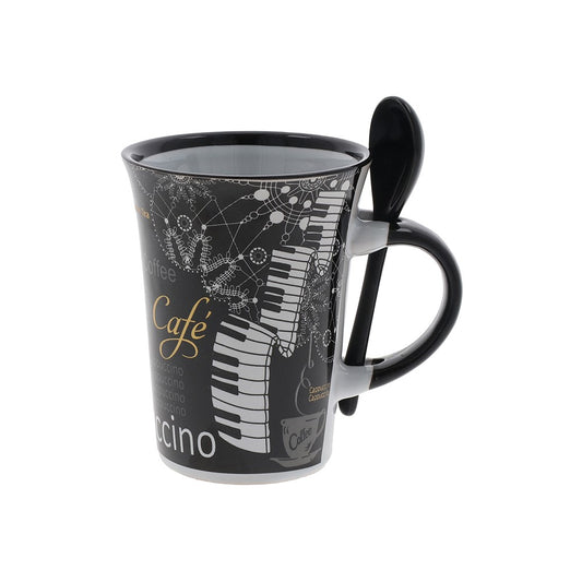 Boxed Mug Black Cappuccino with piano image and spoon