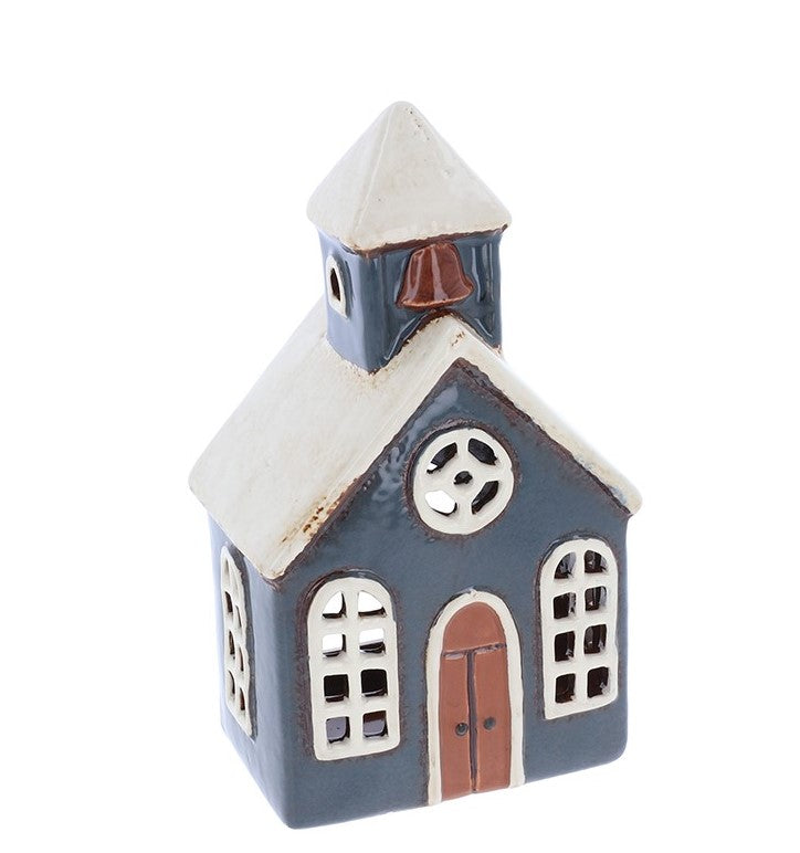 Village Pottery Blue Church With Bell Tealight Holder