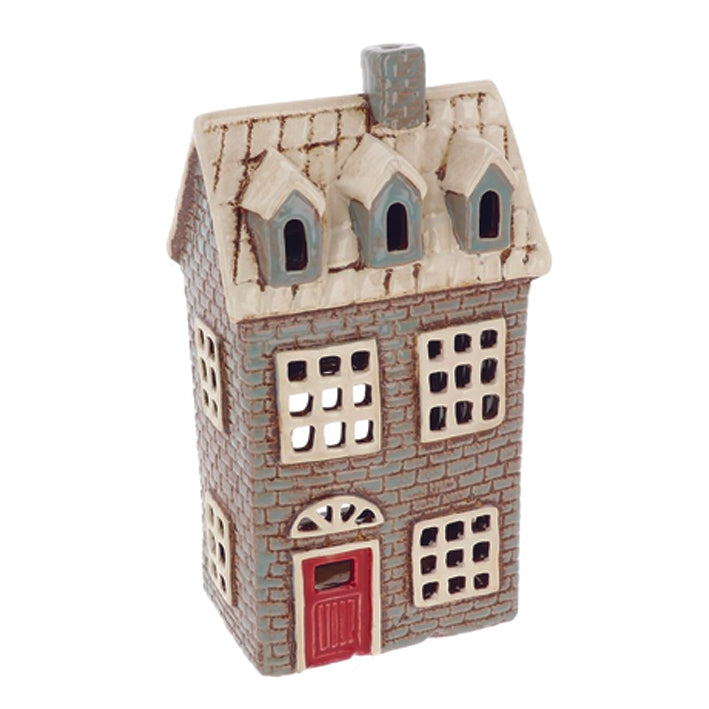 Village Pottery Blue House With Three Dormers Tealight Holder
