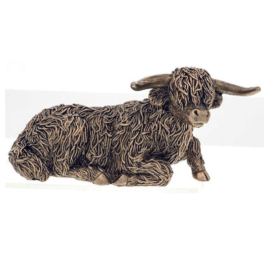 Bronze highland cow lying down sm ornament