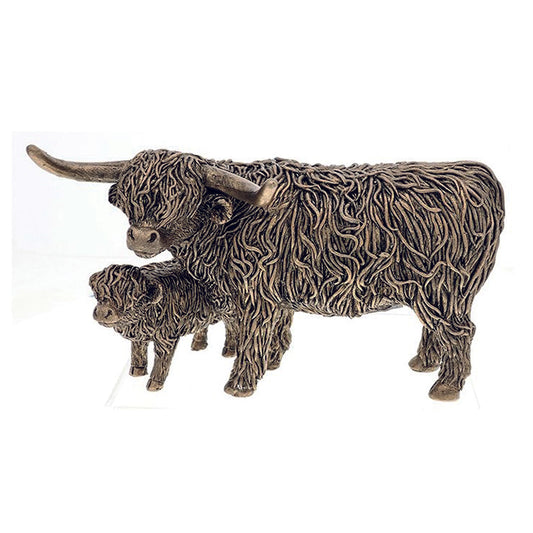 Bronze highland cow and wee calf ornament