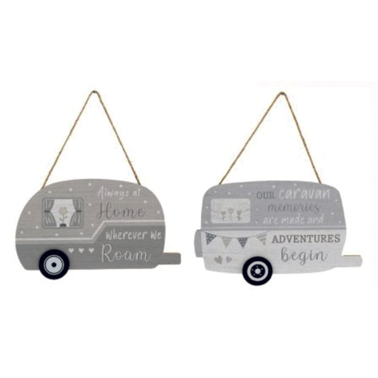 Wooden hanging plaque in Shape of a Caravan.  Our Caravan Where Memories are Made and Adventure Begin