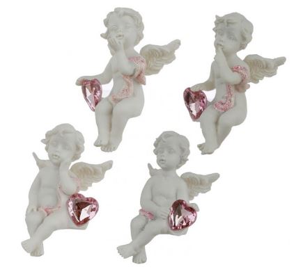 Shelf sitter single cherub with pink jewel heart