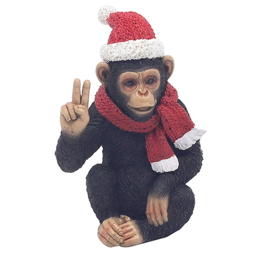 Cheeky Monkey Chimp With Christmas Hat Sitting Giving the Victory Sign. Small